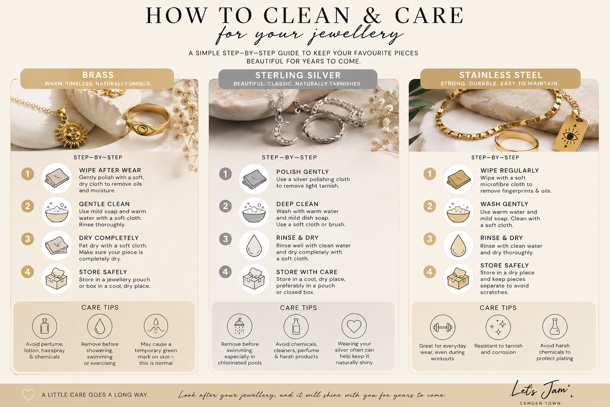 Step-by-step Let’s Jam jewellery care guide showing how to clean and care for brass, sterling silver and stainless steel jewellery.
