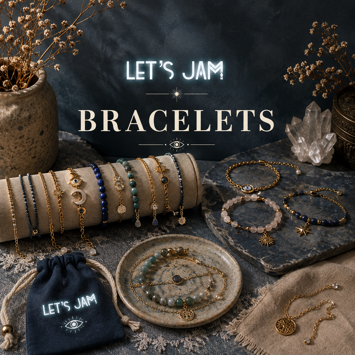 Gold charm, crystal and beaded bracelets styled with natural crystals on a blue-grey background - Let's Jam, Camden Market, London