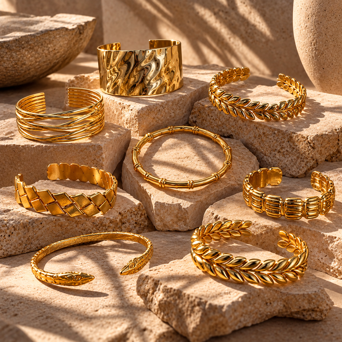 Gold cuff bangles laid out on sandstone, including snake, leaf, plait and hammered designs - Let's Jam, Camden Town London
