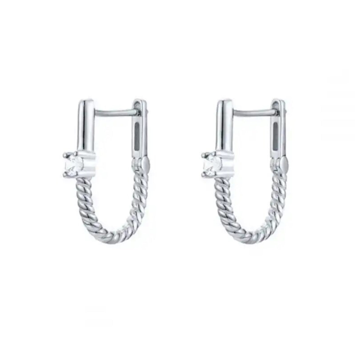 Pair of silver-plated U-shaped earrings with a bar stud top set with a small zirconia stone and a twisted chain loop, on a white background - Let's Jam jewellery collection