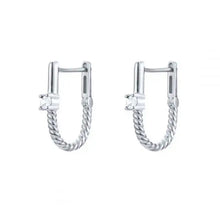 Load image into Gallery viewer, Pair of silver-plated U-shaped earrings with a bar stud top set with a small zirconia stone and a twisted chain loop, on a white background - Let's Jam jewellery collection
