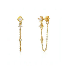 Load image into Gallery viewer, Pair of gold-plated stud earrings with dangling chains set with small zirconia stones, one a long straight drop and the other a looped chain, on a white background - Let's Jam jewellery collection