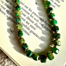 Load image into Gallery viewer, Close-up of the green tiger's eye beads showing their banded sheen - Let's Jam jewellery, Camden Market