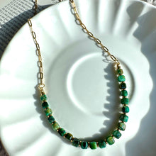 Load image into Gallery viewer, Gold-plated chain and clasp detail on the green beaded choker - Let's Jam, Camden Town London