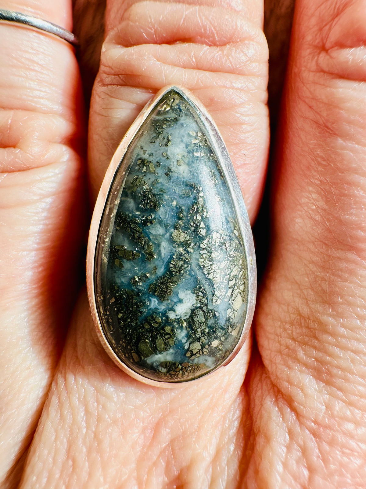 Handmade sterling silver ring with teardrop pyrite stone, green and gold matrix design - Let's Jam jewellery collection