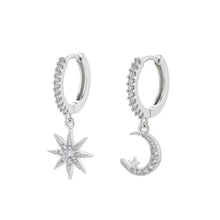 Load image into Gallery viewer, Close-up of the zirconia-set crescent moon charm on a slim hoop earring - Let's Jam jewellery, Camden Market