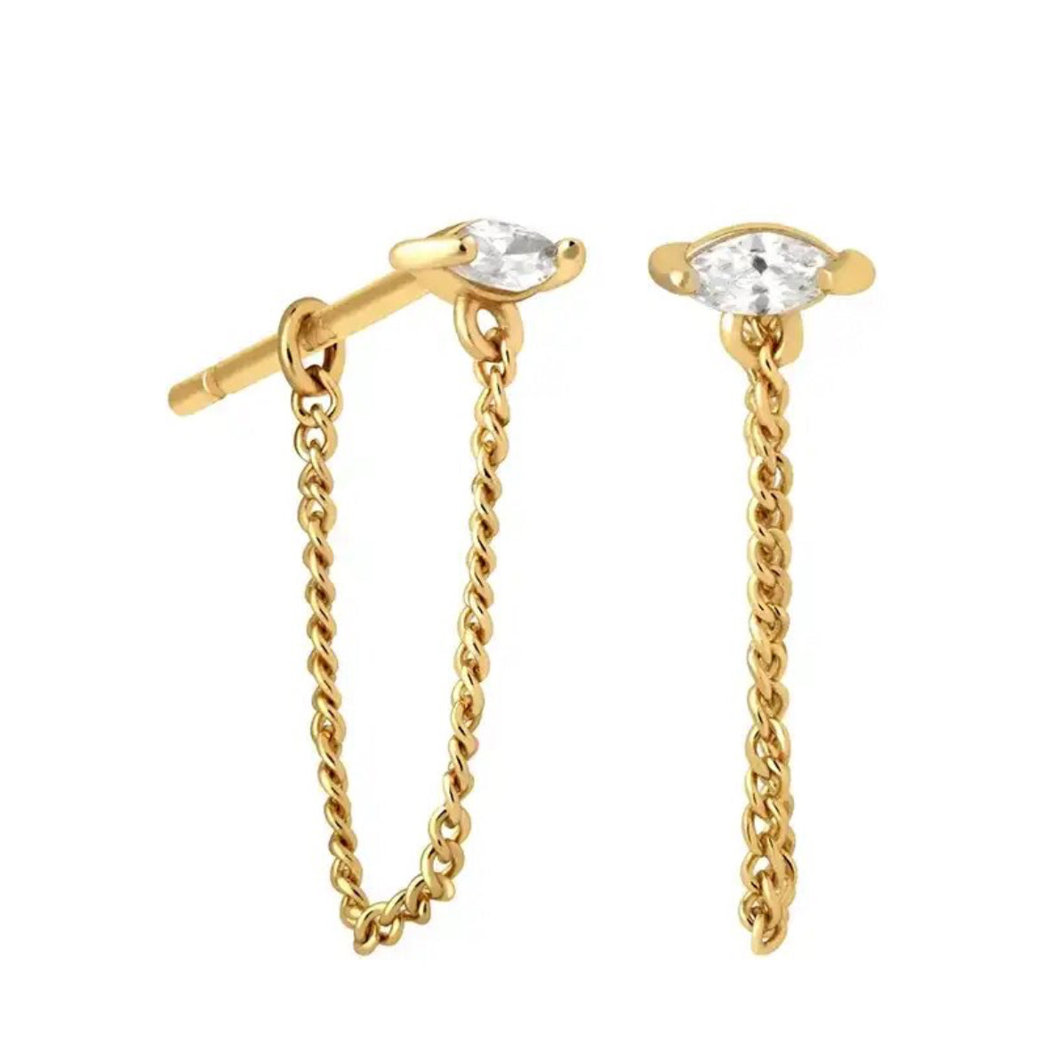 Close view of a marquise zirconia stud earring with its draped chain - Let's Jam jewellery, Camden Town London