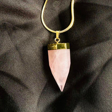 Load image into Gallery viewer, Rose quartz pendant necklace worn on the neck, crystal hanging at the chest - Let's Jam jewellery, Camden Market London