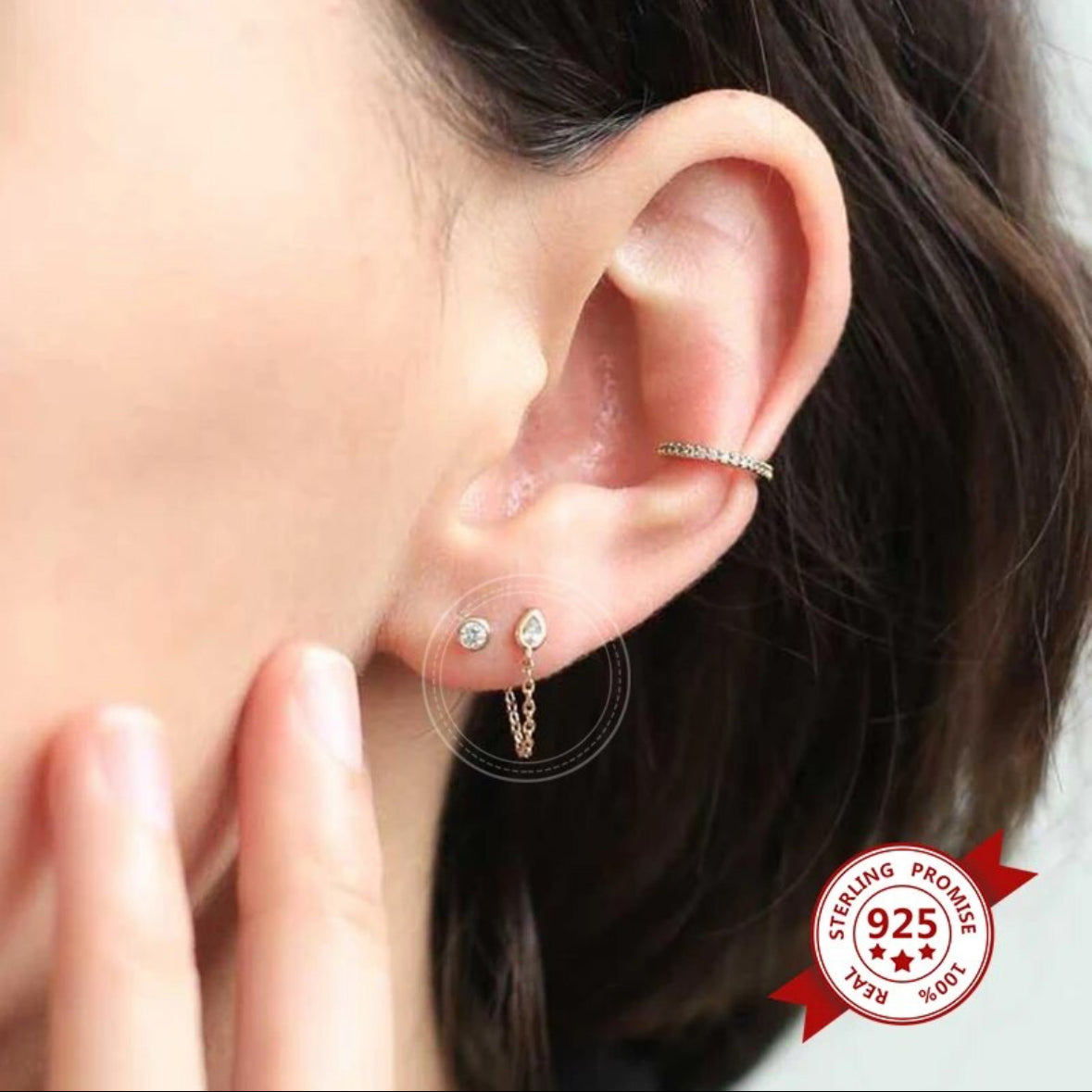 Fine chain drop earring dangling from a small zirconia stud - Let's Jam, Camden Market London