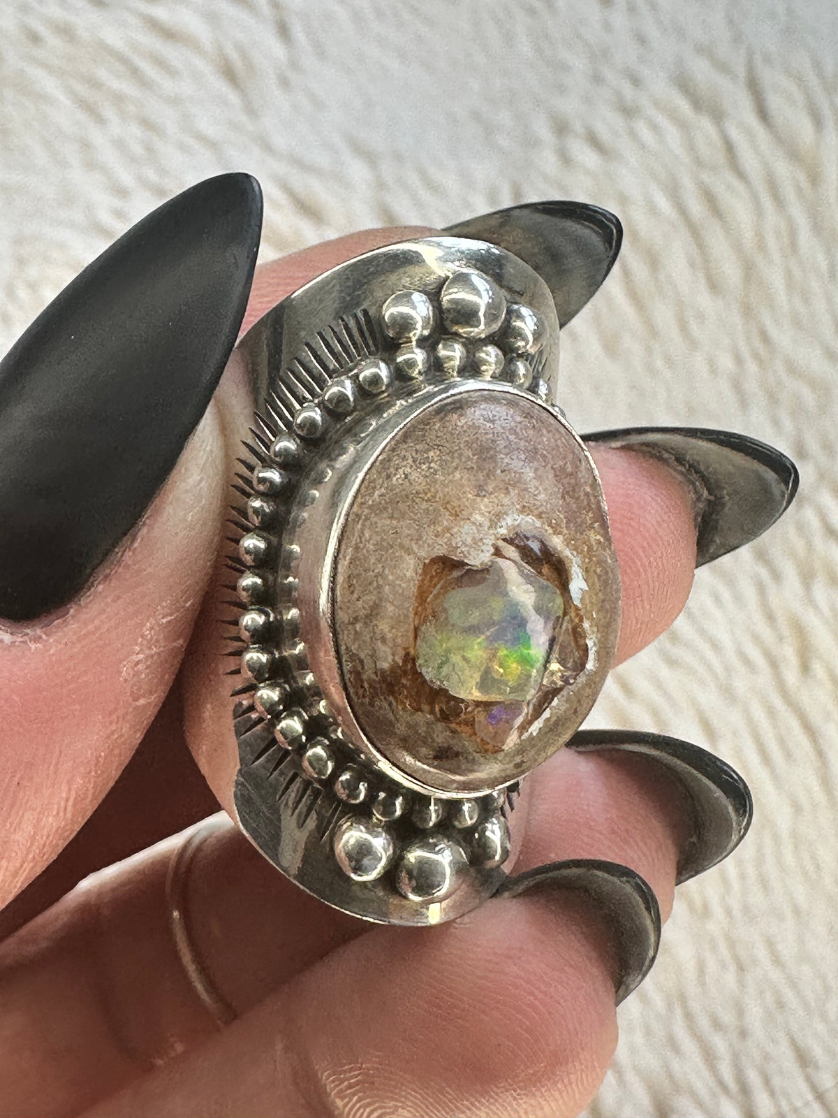 Mexican opal ring in 925 sterling silver with a beaded dome bezel - Let's Jam handmade jewellery, Camden Market
