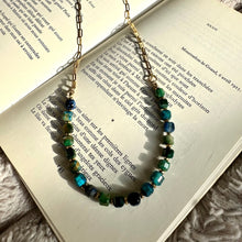 Load image into Gallery viewer, Full length view of the blue bead and gold chain necklace - Let's Jam, Camden Market