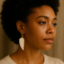 Load image into Gallery viewer, Handcrafted camel bone angel wing earrings with gold-tone brass edging - Let's Jam, Camden Market, London