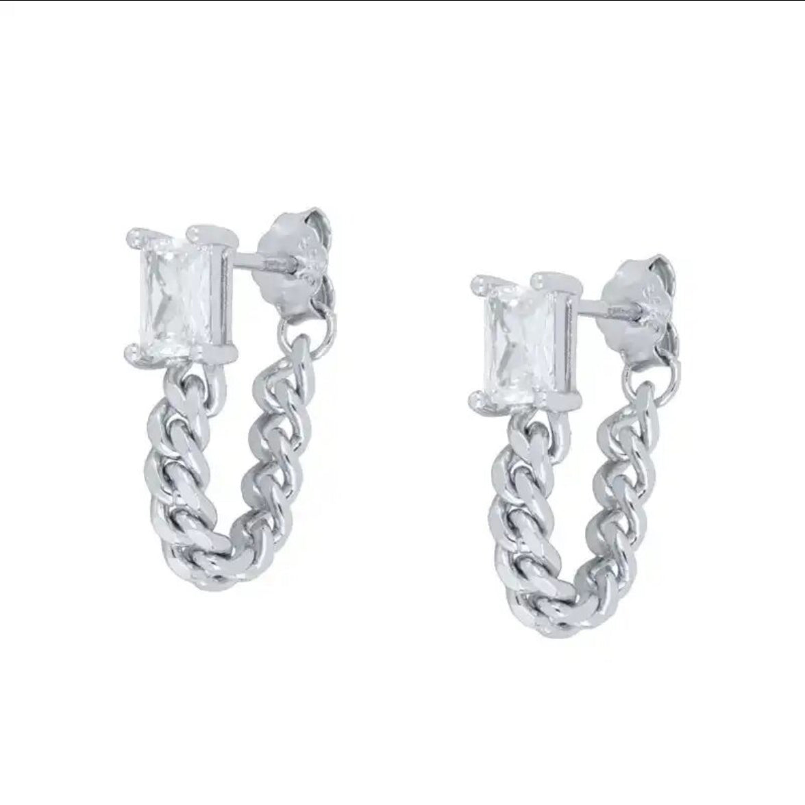 Pair of silver-plated stud earrings with a rectangular zirconia stone and a chunky curb-chain loop, on a white background - Let's Jam jewellery collection
