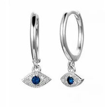 Load image into Gallery viewer, Sterling silver hoop earrings with a dangling blue evil eye charm - Let's Jam, Camden Town London