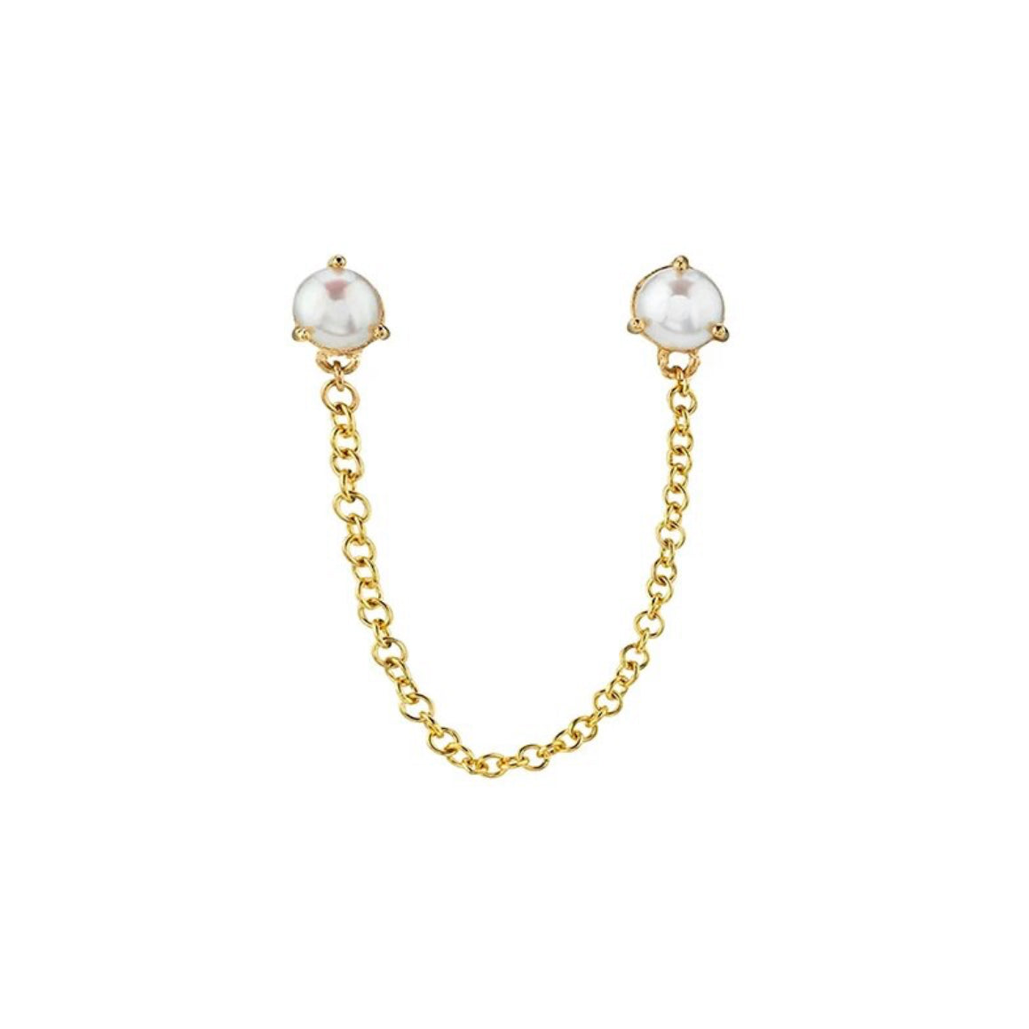 Double pearl stud earrings linked by a fine chain, shown on white - Let's Jam, Camden Market