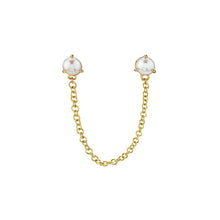 Load image into Gallery viewer, Double pearl stud earrings linked by a fine chain, shown on white - Let's Jam, Camden Market