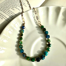 Load image into Gallery viewer, Detail of the gold-plated clasp joining the blue beaded strand - Let's Jam, Camden Town London