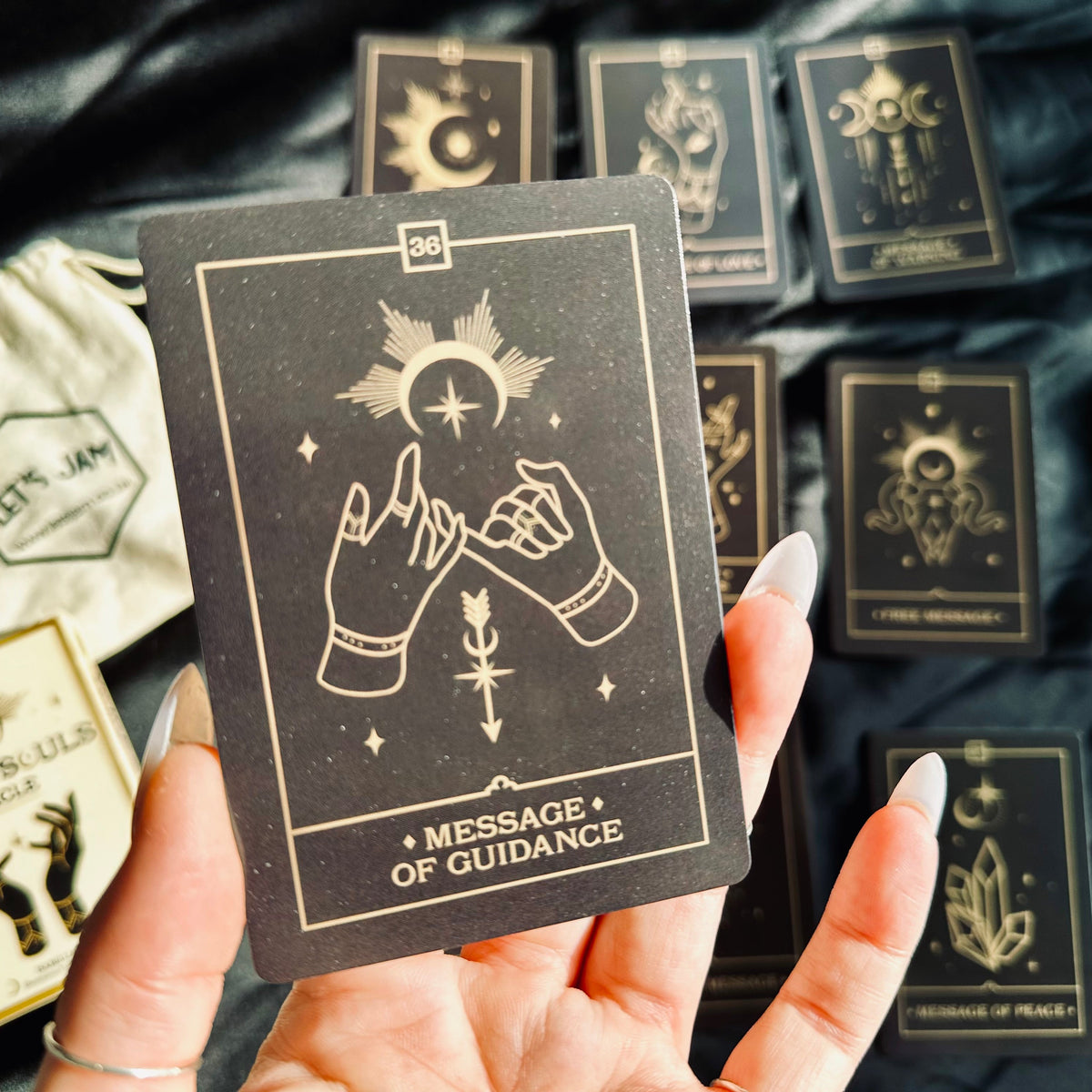 Back of the Voice of the Souls deck box in cream and gold - Let's Jam tarot and oracle, Camden Market London