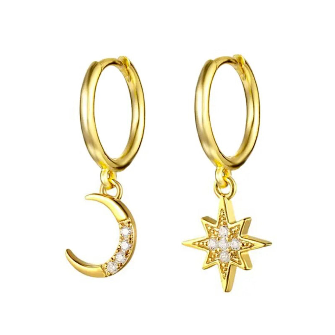 Silver hoop earrings with crescent moon and eight-point star charms - Let's Jam jewellery, Camden Market, London