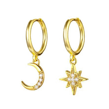 Load image into Gallery viewer, Silver hoop earrings with crescent moon and eight-point star charms - Let's Jam jewellery, Camden Market, London