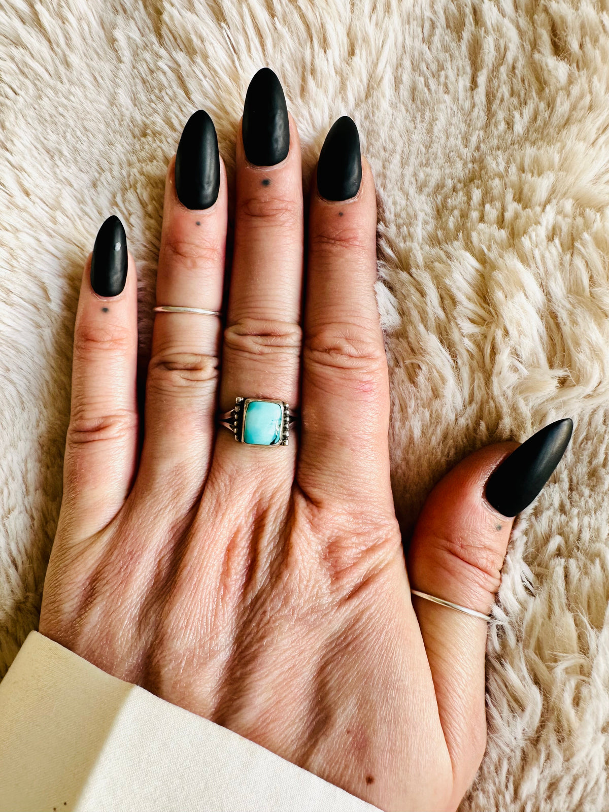 Square cut turquoise ring in a beaded sterling silver bezel - Let's Jam jewellery, Camden Market