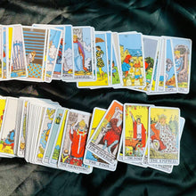 Load image into Gallery viewer, Original Tarot cards laid out beside the deck box - Let's Jam tarot and oracle, Camden Market, London