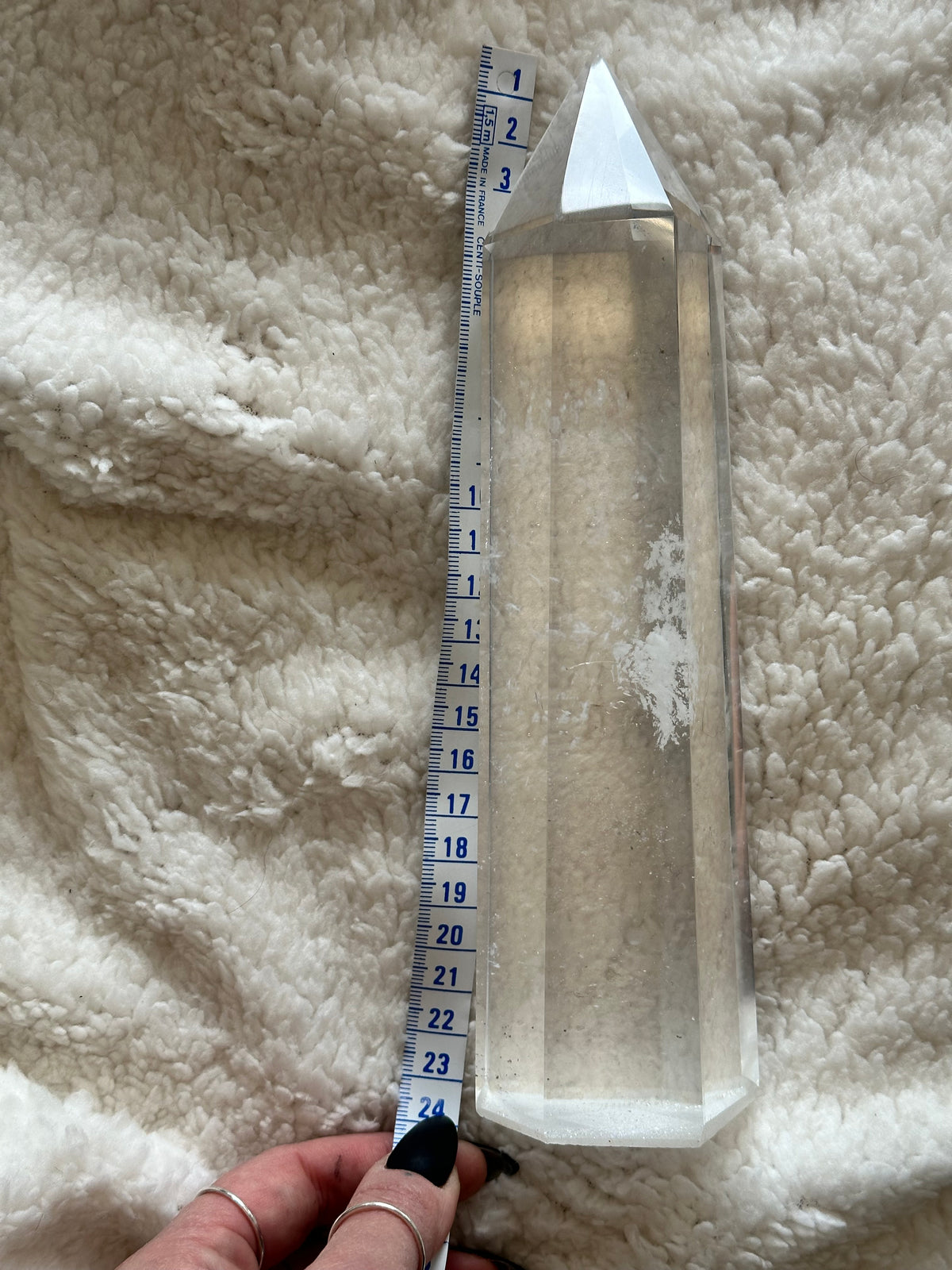 Different angle on the clear quartz tower, showing its tapered tip - Let's Jam crystals, Camden Market
