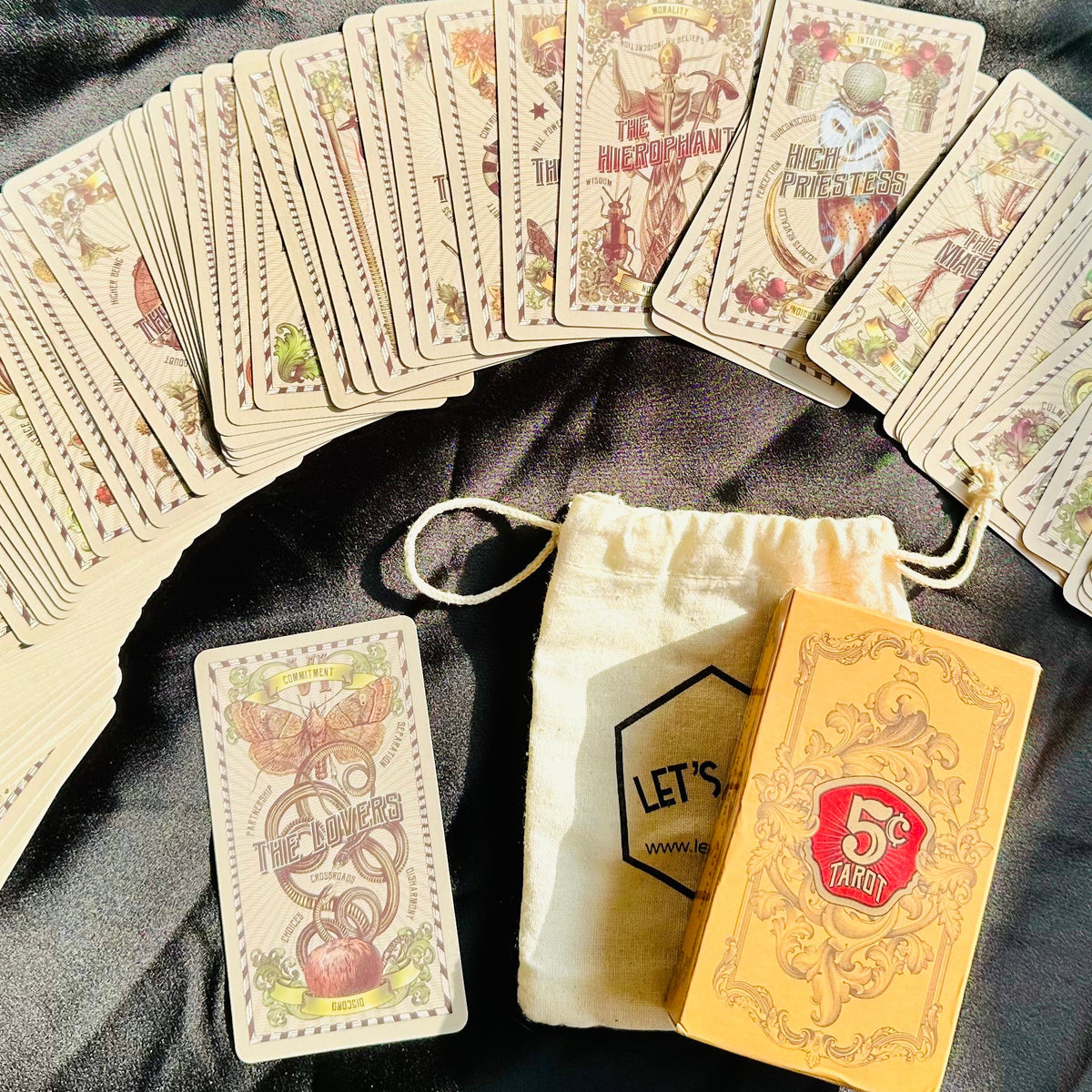 Back of The 5 Cent Tarot box with its printed details - Let's Jam, Camden Market