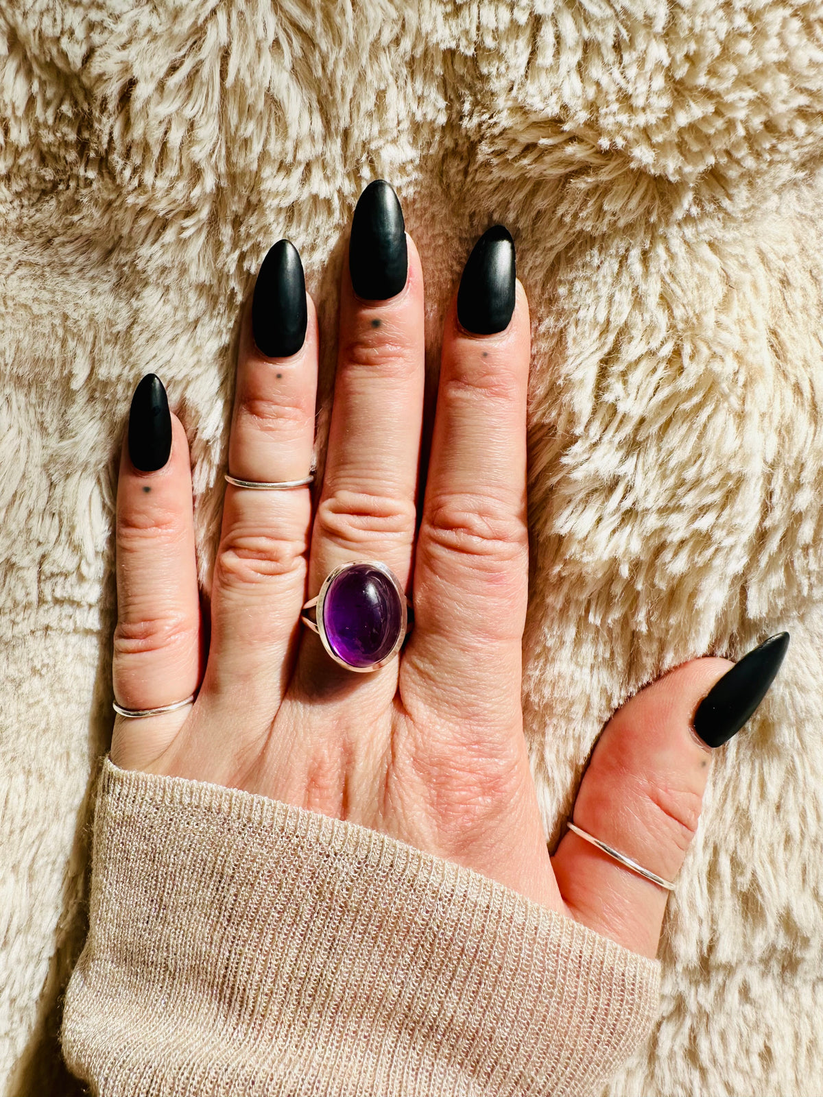 Purple amethyst cabochon ring in a sterling silver setting - Let's Jam handmade jewellery, Camden Market