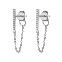 Load image into Gallery viewer, Detail of the zirconia bar stud earring and its draping chain - Let's Jam, Camden Town