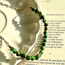 Load image into Gallery viewer, Green stone beads photographed close up to show their polished finish - Let's Jam jewellery, Camden Town