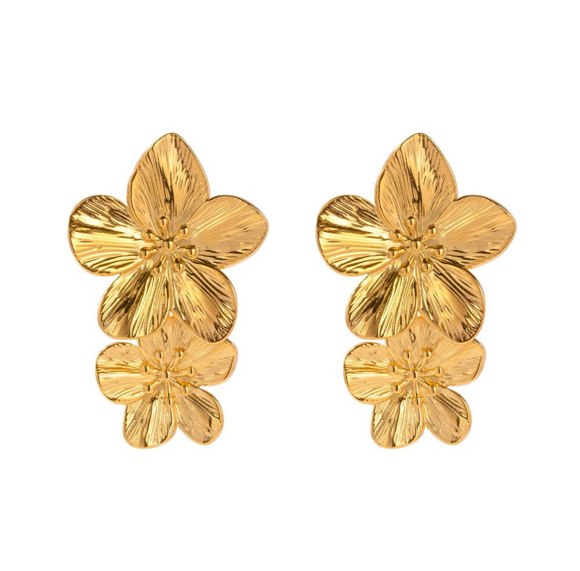 Pair of gold-plated stainless steel double flora flower stud earrings with layered petal design, shown on a plain white background - Let's Jam jewellery collection