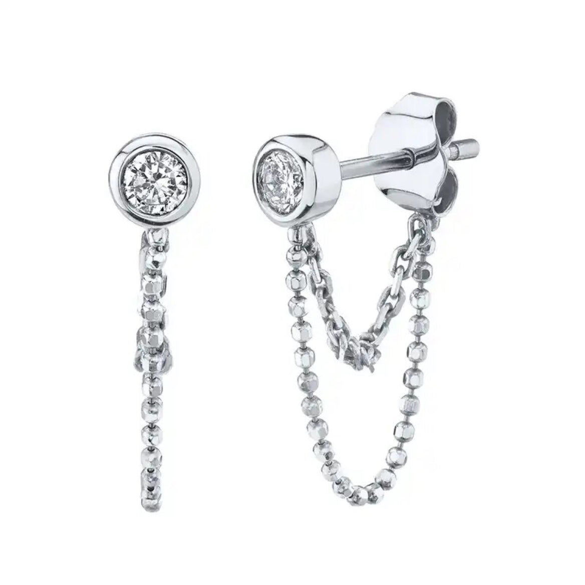 Pair of silver-plated stud earrings with round zirconia stones, one with a straight beaded chain drop and the other with a beaded double-loop chain, on a white background - Let's Jam jewellery collection