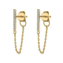 Load image into Gallery viewer, Pair of gold-plated bar stud earrings set with a row of zirconia stones, each with a chain draping down to a clasp, on a white background - Let's Jam jewellery collection