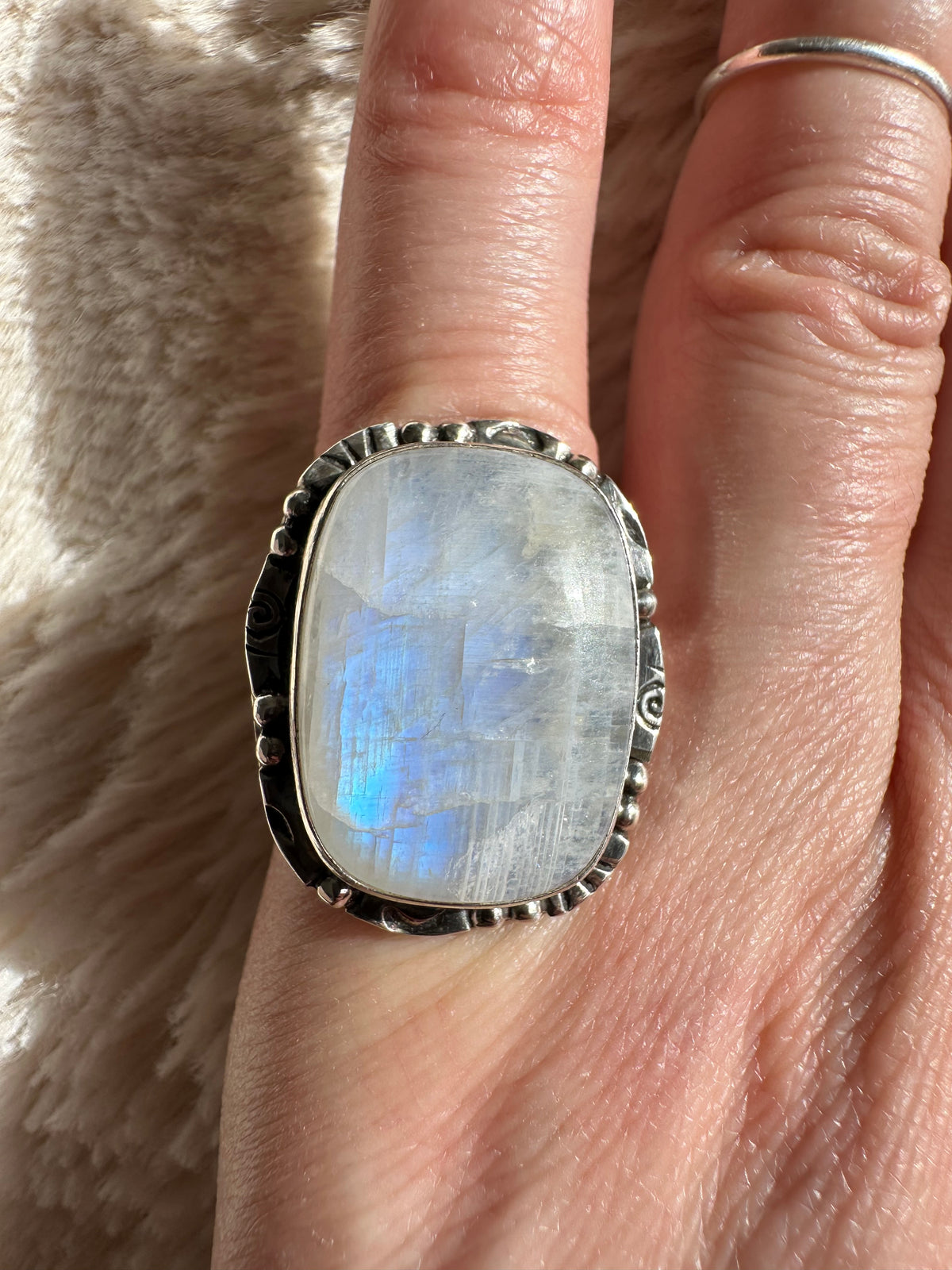 Rectangular moonstone with blue flash in an ornate sterling silver setting - Let's Jam handmade jewellery, Camden Market