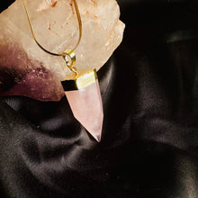 Load image into Gallery viewer, Close-up of the rose quartz crystal tower and its gold setting - Let's Jam, Camden Town