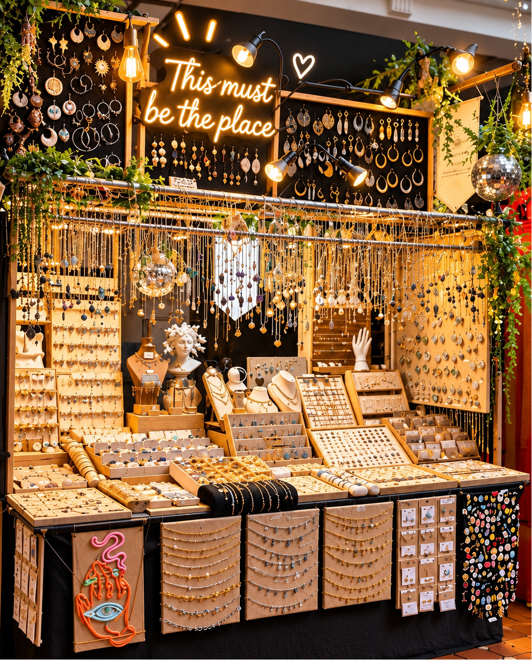 Jewellery stall with a neon sign and rows of necklaces and earrings - Let's Jam, Camden Market, London