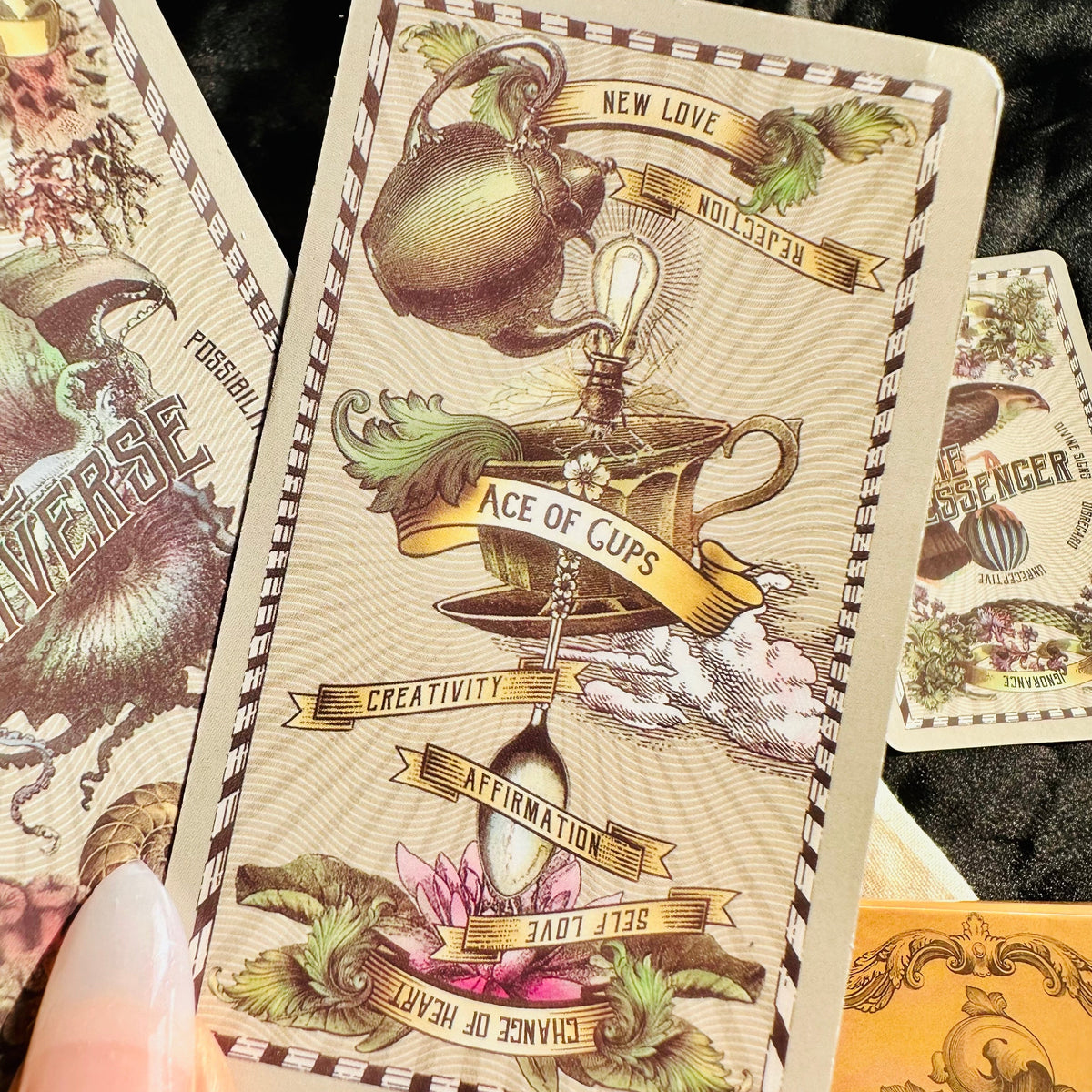 Several 5 Cent Tarot cards laid out to show the shell and plant engravings - Let's Jam, Camden Town London