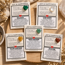 Load image into Gallery viewer, Three tiny heart crystal cards - malachite, yellow aventurine and green aventurine hearts - Let's Jam, Camden Market, London