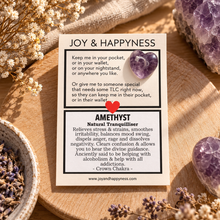 Load image into Gallery viewer, Purple amethyst tiny heart crystal on its Joy & Happyness card - Let's Jam, Camden Market, London
