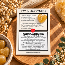 Load image into Gallery viewer, Yellow aventurine tiny heart crystal on a sunlit wooden board - Let's Jam, Camden Town London