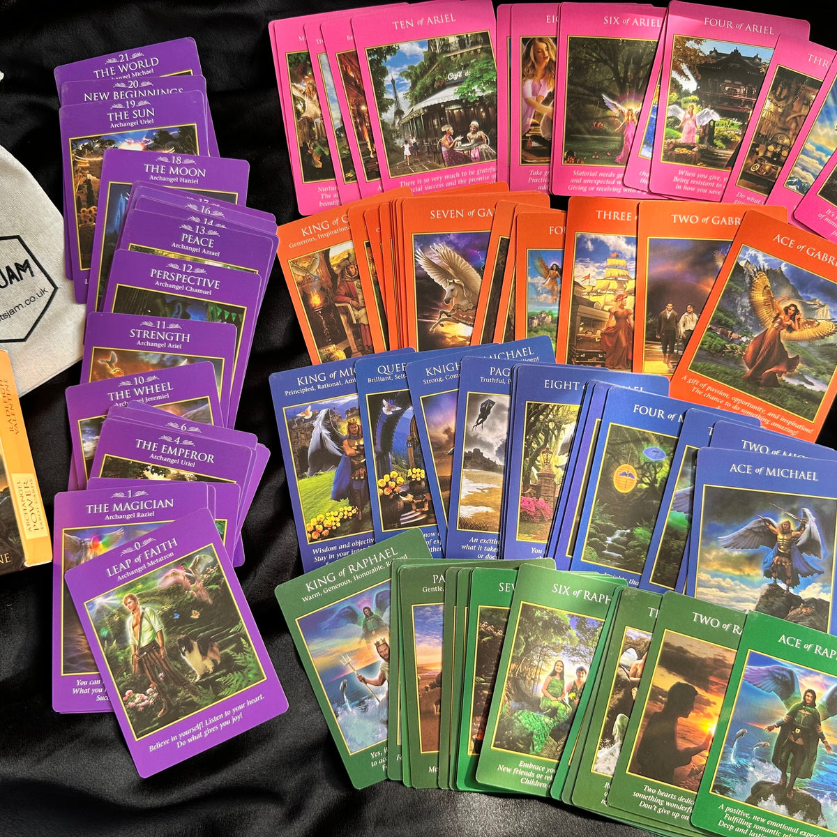 Archangel Power tarot cards fanned out showing their angelic artwork - Let's Jam tarot and oracle, Camden Market