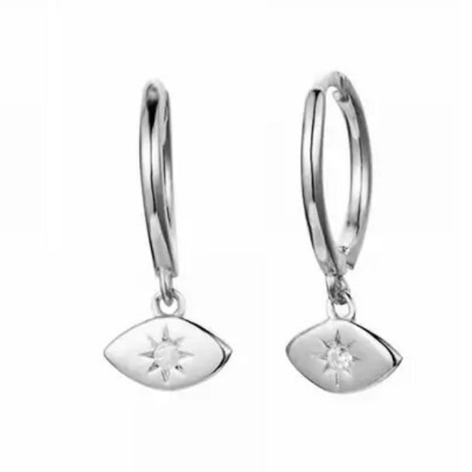 Layered sterling silver hoop earrings with a small dangling eye charm - Let's Jam jewellery, Camden Market London