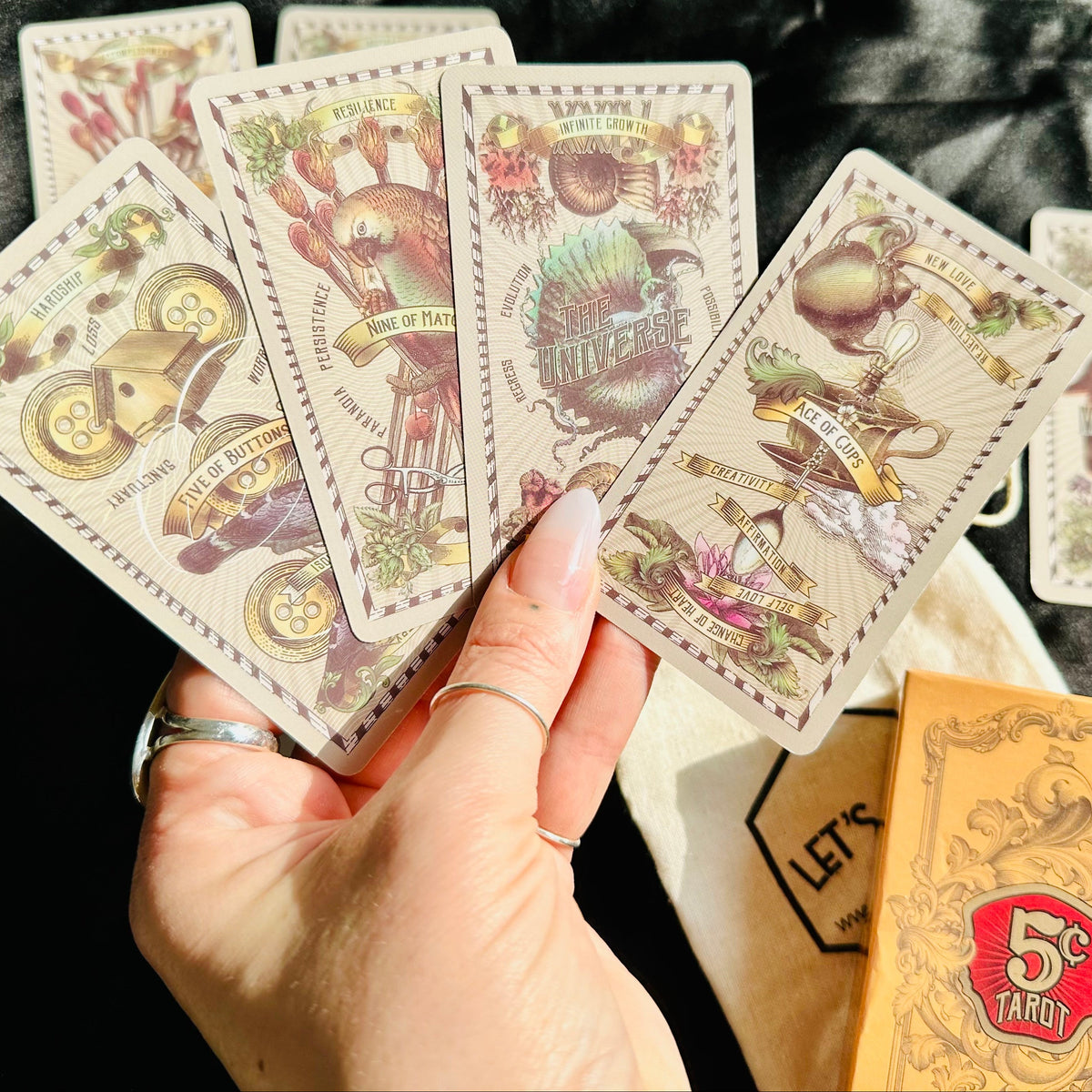 5 Cent Tarot deck shown with the drawstring bag and smudging stick included - Let's Jam tarot and oracle, Camden Market, London