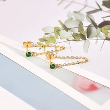 Load image into Gallery viewer, Close view of a green stone stud earring and its long draped chain - Let's Jam jewellery, Camden Market, London