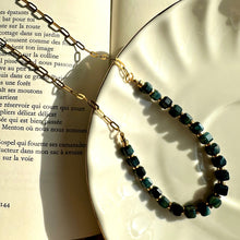 Load image into Gallery viewer, Detail of the clasp and gold links on the black beaded necklace - Let's Jam jewellery, Camden Market, London