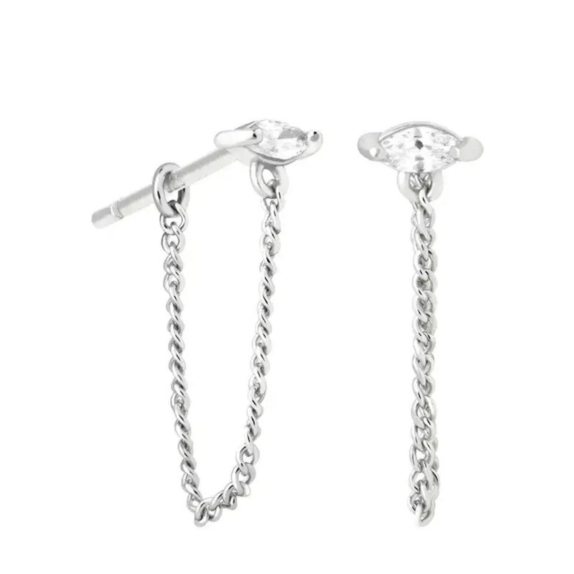 Pair of silver-plated stud earrings, each with a marquise-cut zirconia stone and a draped chain loop, on a white background - Let's Jam jewellery collection