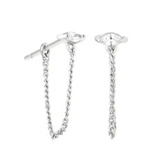 Load image into Gallery viewer, Pair of silver-plated stud earrings, each with a marquise-cut zirconia stone and a draped chain loop, on a white background - Let's Jam jewellery collection