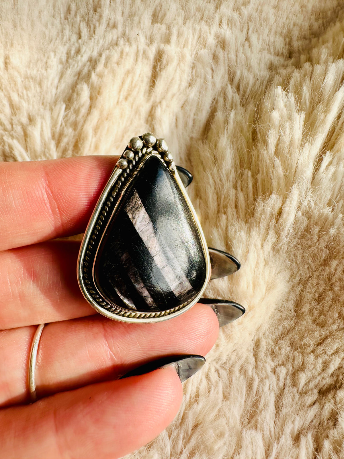 Handmade 925 sterling silver ring with a teardrop silver sheen black obsidian stone in a beaded silver bezel, one-of-a-kind gemstone ring - Let's Jam jewellery collection