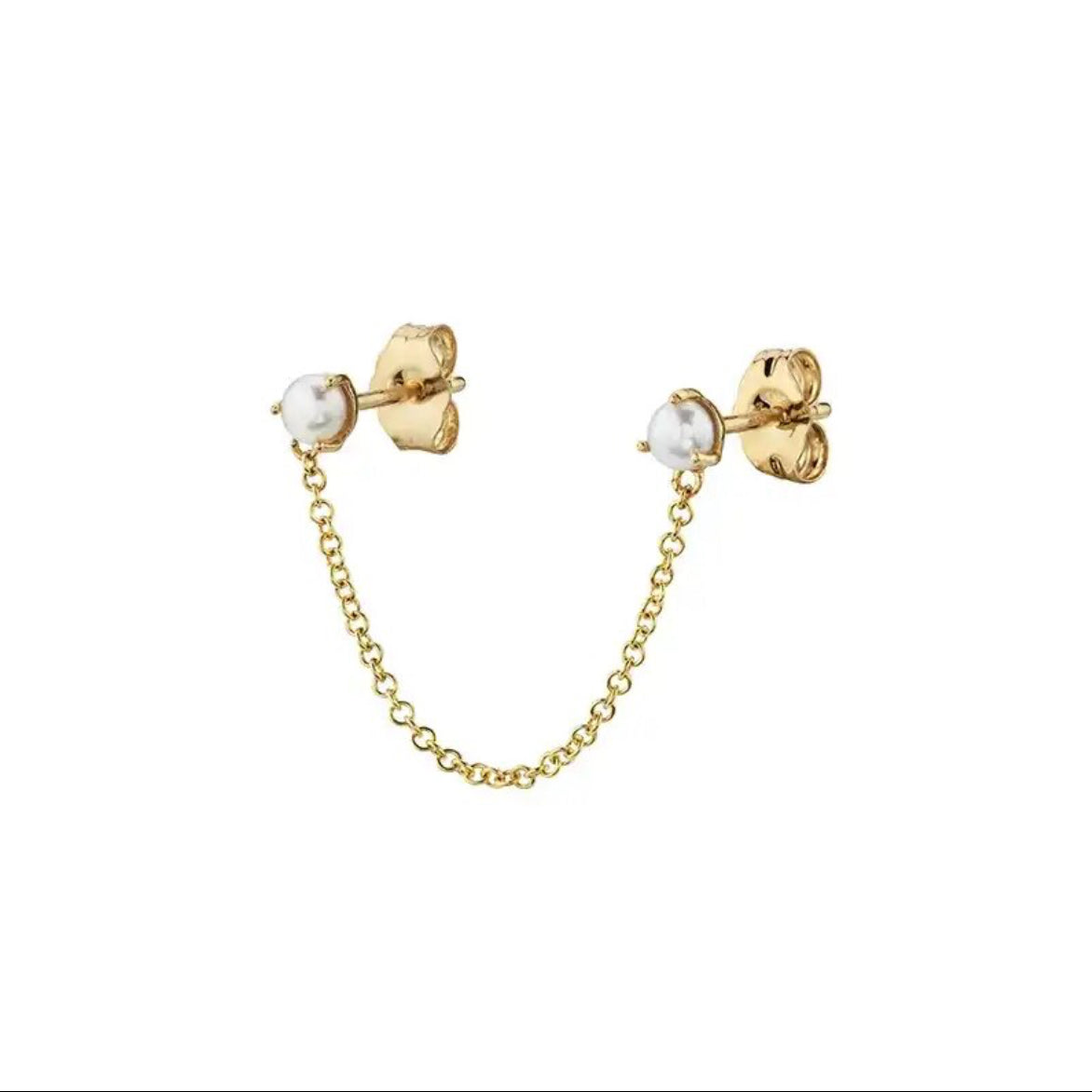 Close-up of the small pearls set in the chained double stud earring - Let's Jam jewellery, Camden Town London